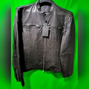 John Varvatos Leather Band Collar Moto Jacket